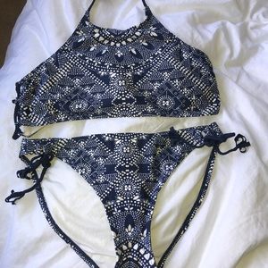 Blue and white halter top bikini